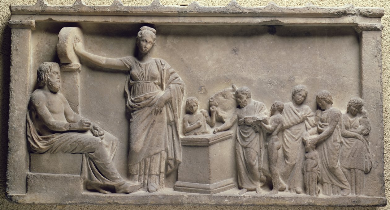 Relief votif représentant une famille sacrifiant un taureau à Asclépios, le dieu de la santé, et à sa fille Hygieia, grec, Ve siècle av. J.-C. - Unbekannt Unbekannt