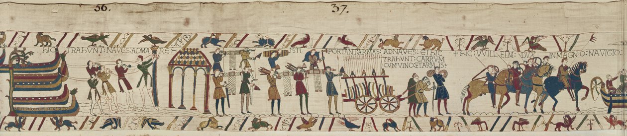 Normands transportant des armes vers les navires et tirant une charrette chargée de vin et d