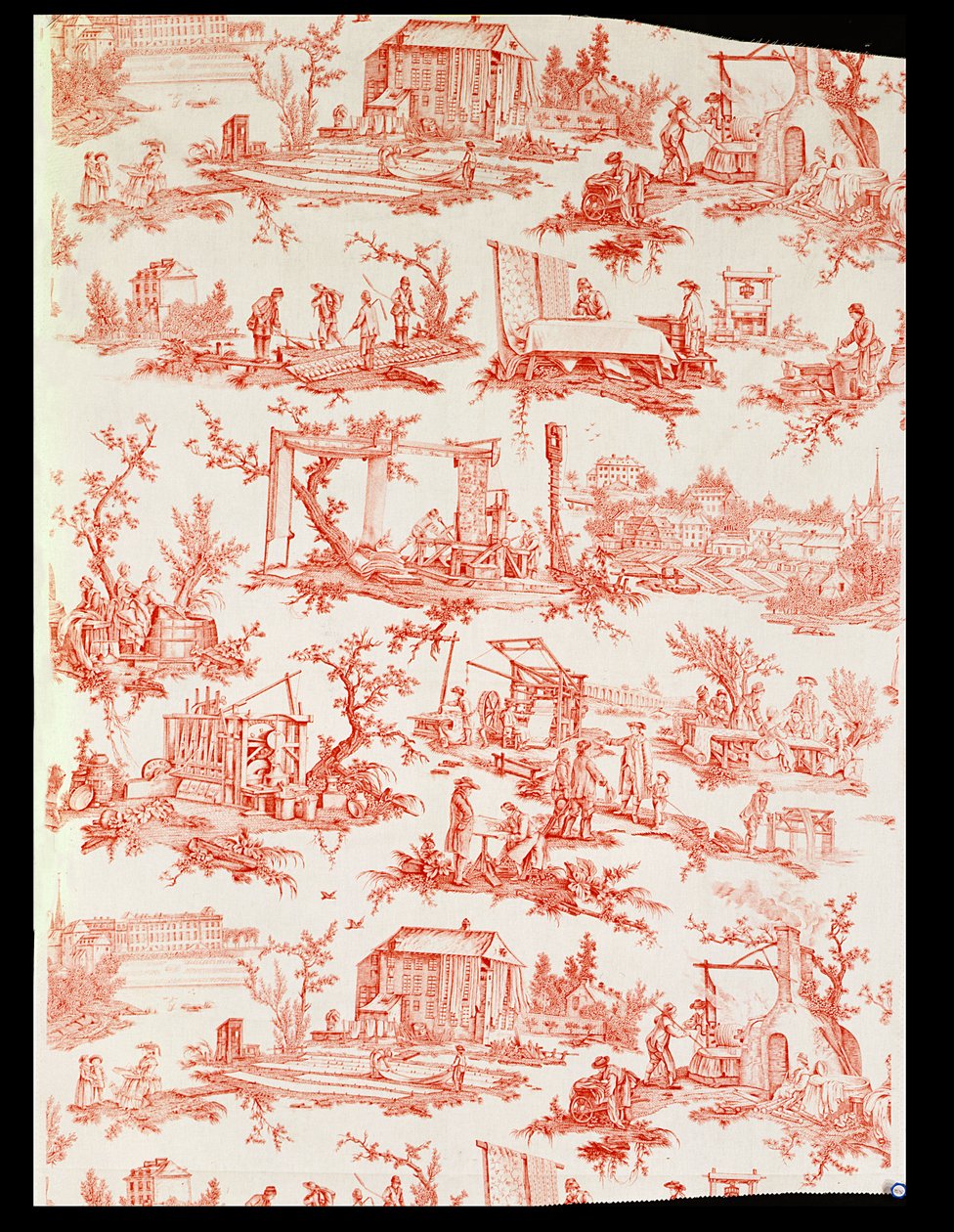 Toile de Jouy illustrant les processus de fabrication du coton, conçue par Christophe Huet, 1783 - Unbekannt Unbekannt