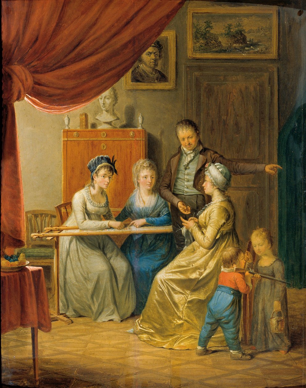 Famille avec deux femmes au cadre de broderie - Unbekannter Künstler