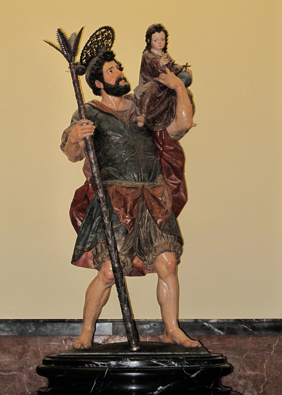 Saint Christophe - Statue polychrome, art baroque - Unbekannter Künstler