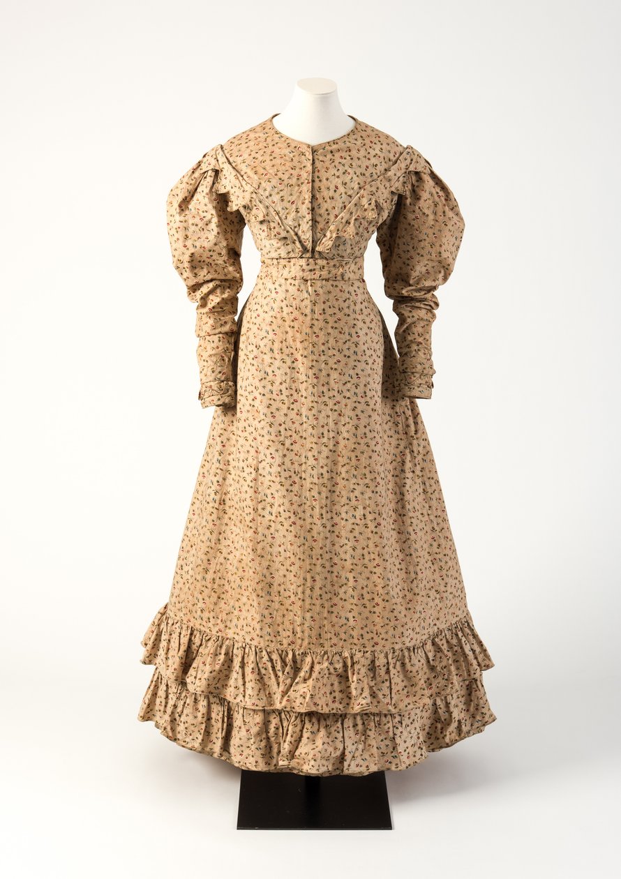 Robe en coton imprimé marron, rose, jaune et vert, 1825 - Unbekannt Unbekannt