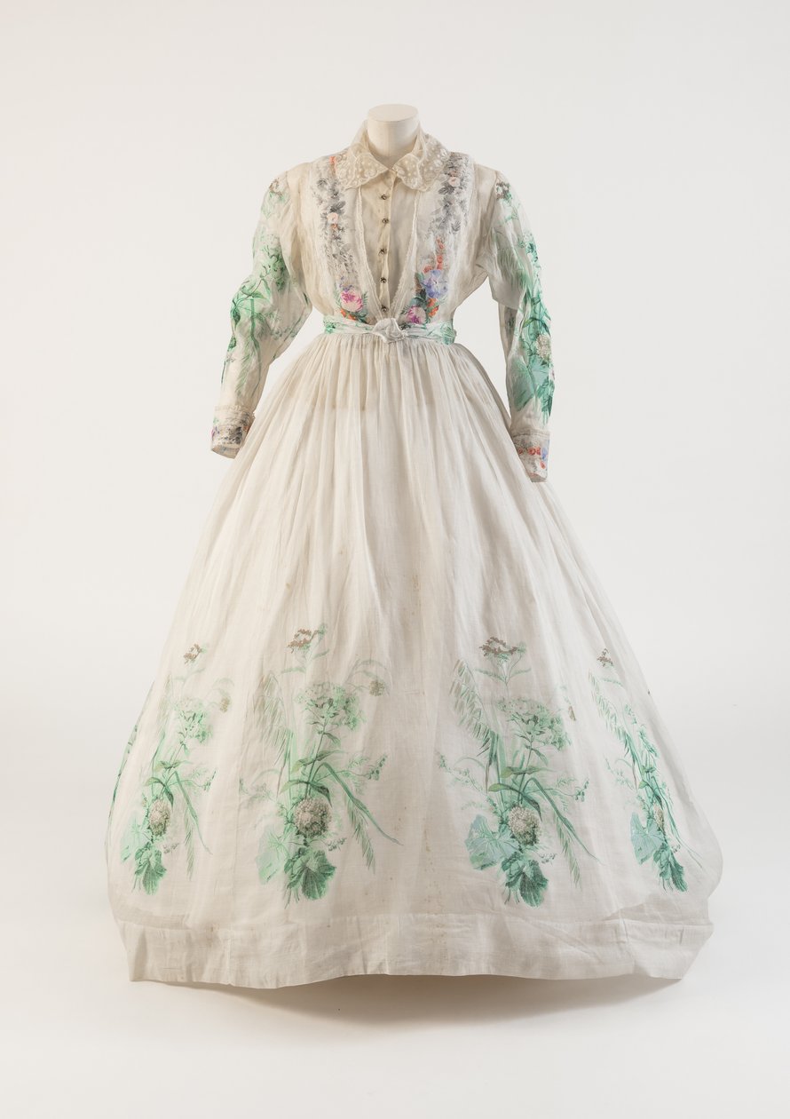 Robe en mousseline de coton blanche avec motif floral vert, 1860s - Unbekannt Unbekannt