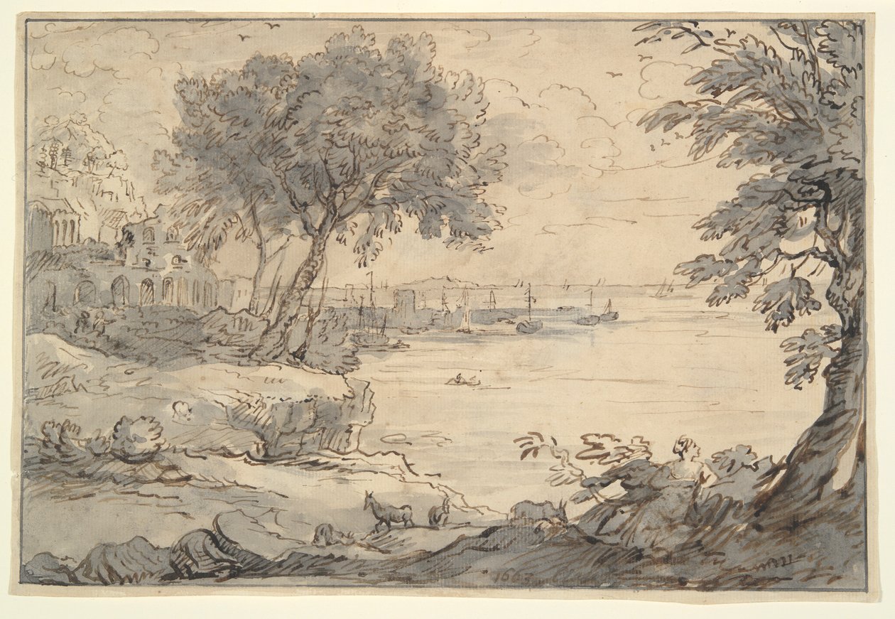 Vue côtière avec ruines et navires - Unknown
