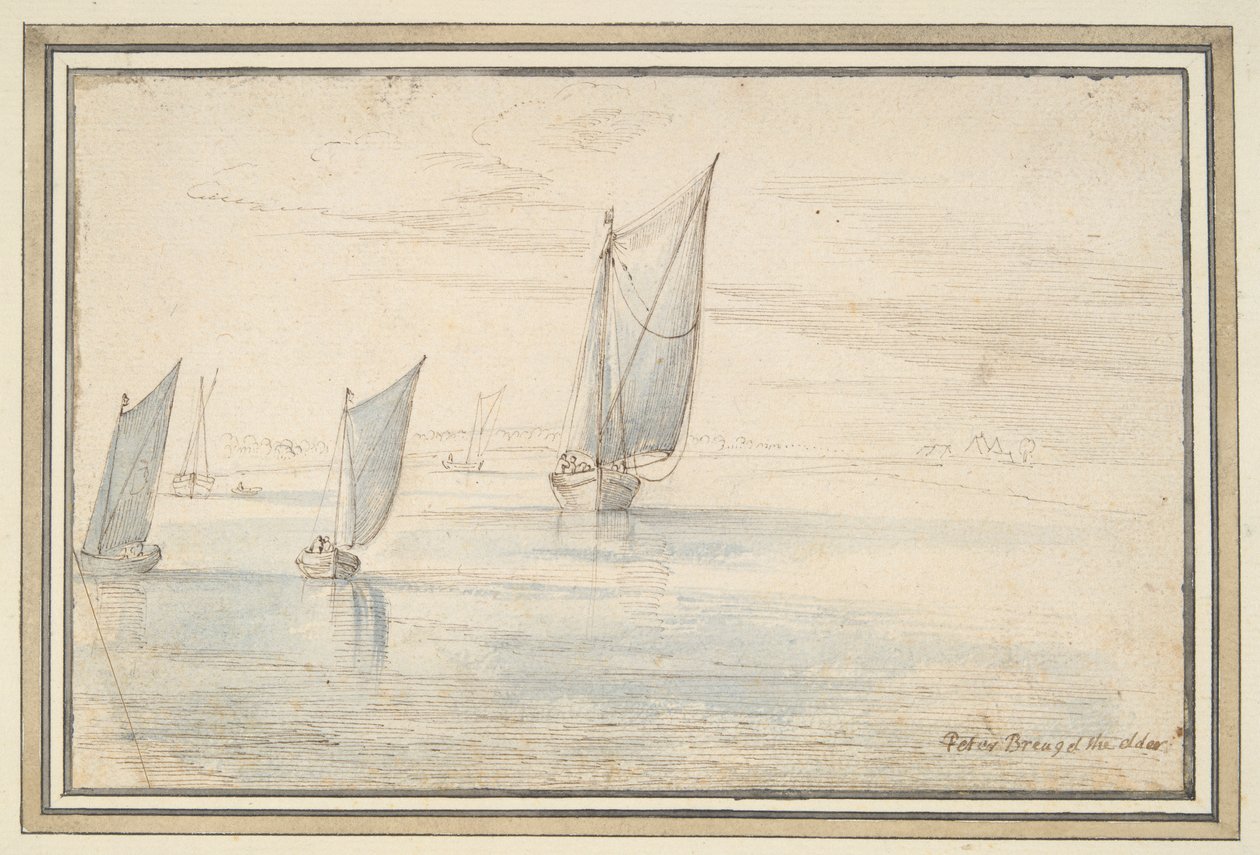 Cinq bateaux naviguant sur une rivière - Unknown