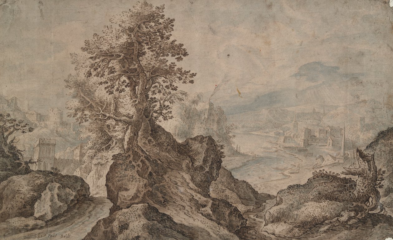Paysage Rocheux avec Villes au Loin - Unknown