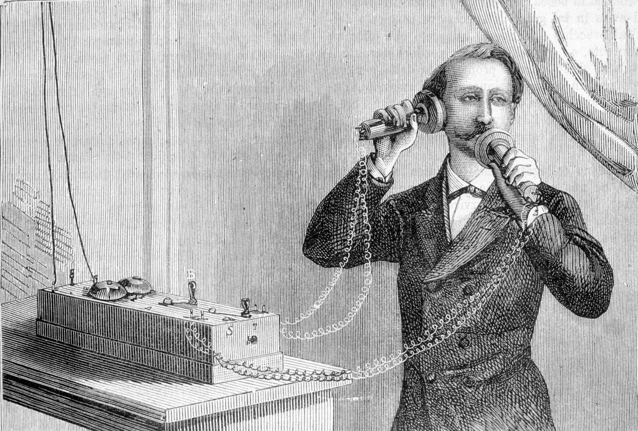 Téléphone de Bell. Gravure du 19ème siècle. - Unknown artist