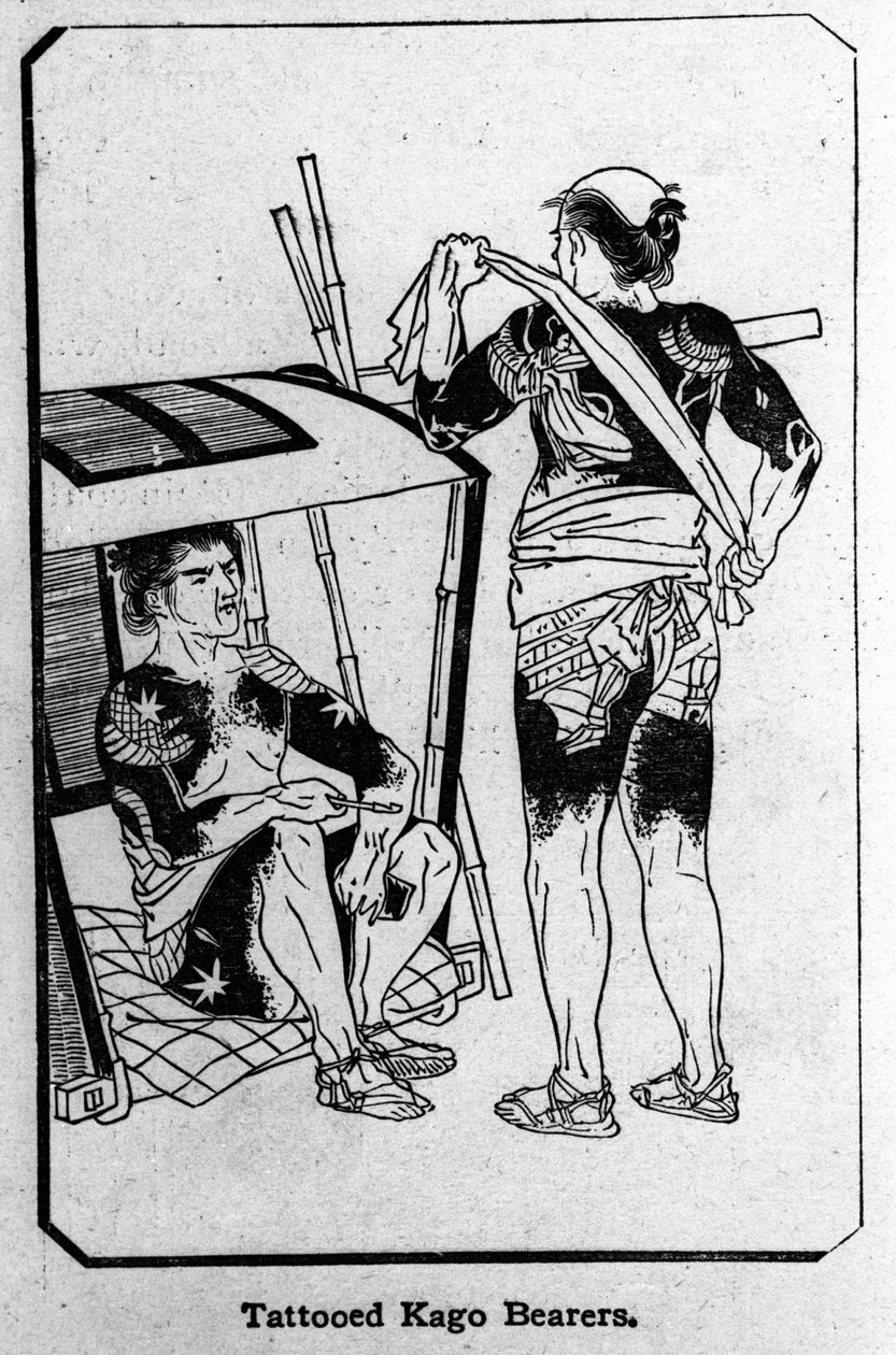 Japon. Porteurs de Kago entièrement tatoués. Dessin. - Unknown artist