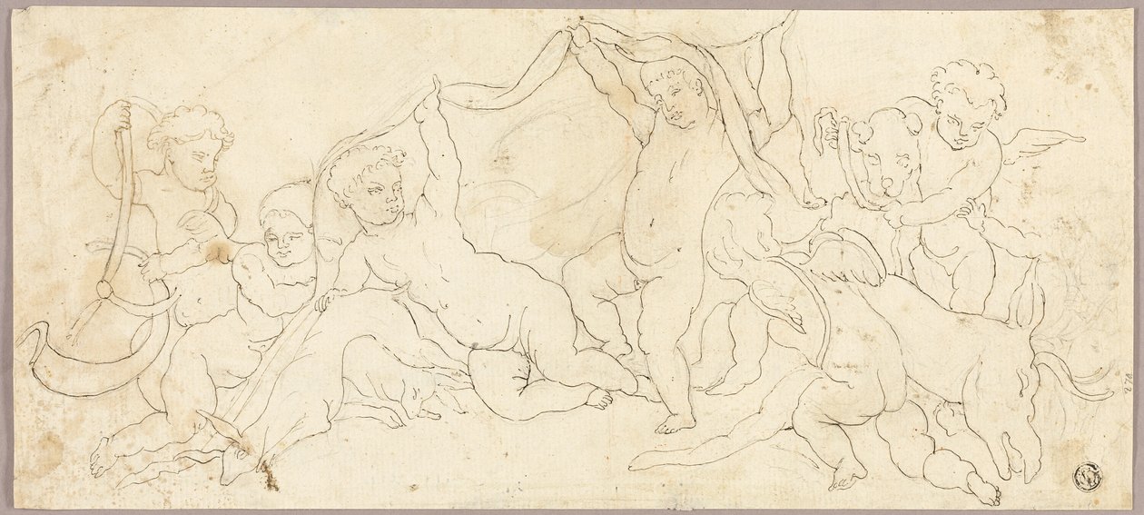 Putti jouant avec des cerfs et un chien - Unknown artist