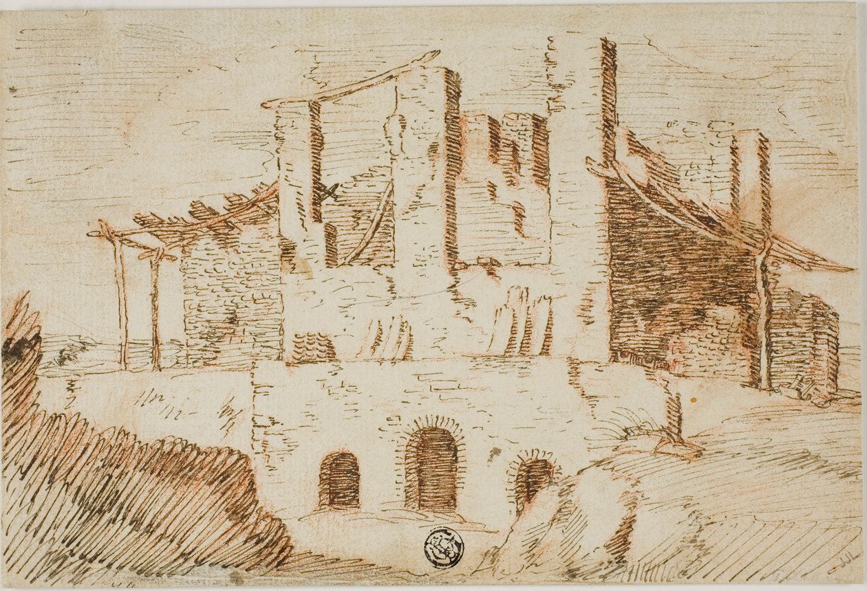 Ruines avec hangar de ferme - Unknown artist