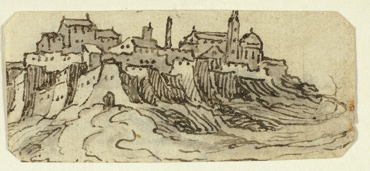 Vue de la ville colline avec cathédrale - Unknown artist
