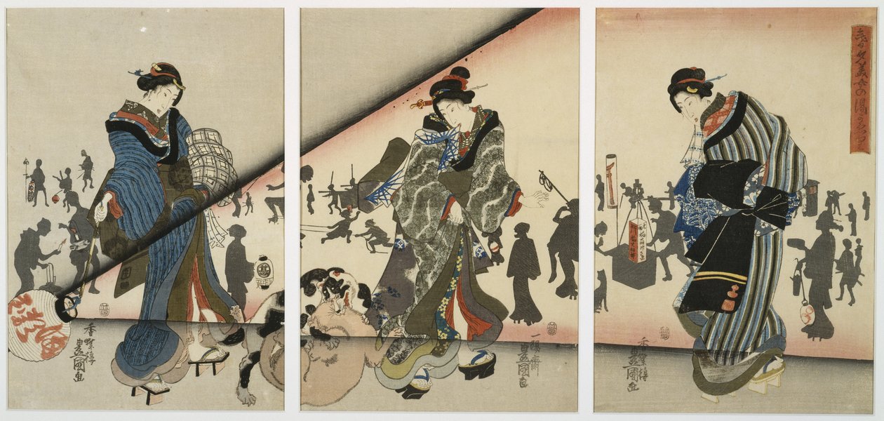 Scène nocturne avec des filles, des animaux et des lanternes, milieu du 19e siècle - Utagawa Kunisada