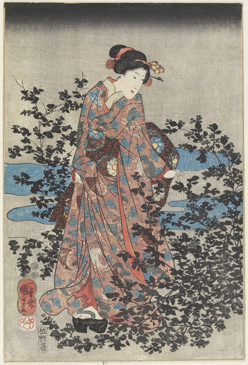Scène nocturne avec une beauté et des trèfles, 1847-1852 - Utagawa Kuniyoshi