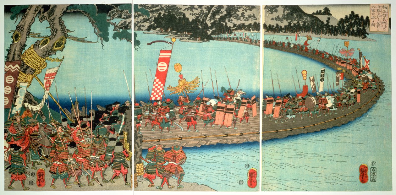 Le pont de bateaux à la bataille de la Nagaragawa, vers 1844 - Utagawa Kuniyoshi