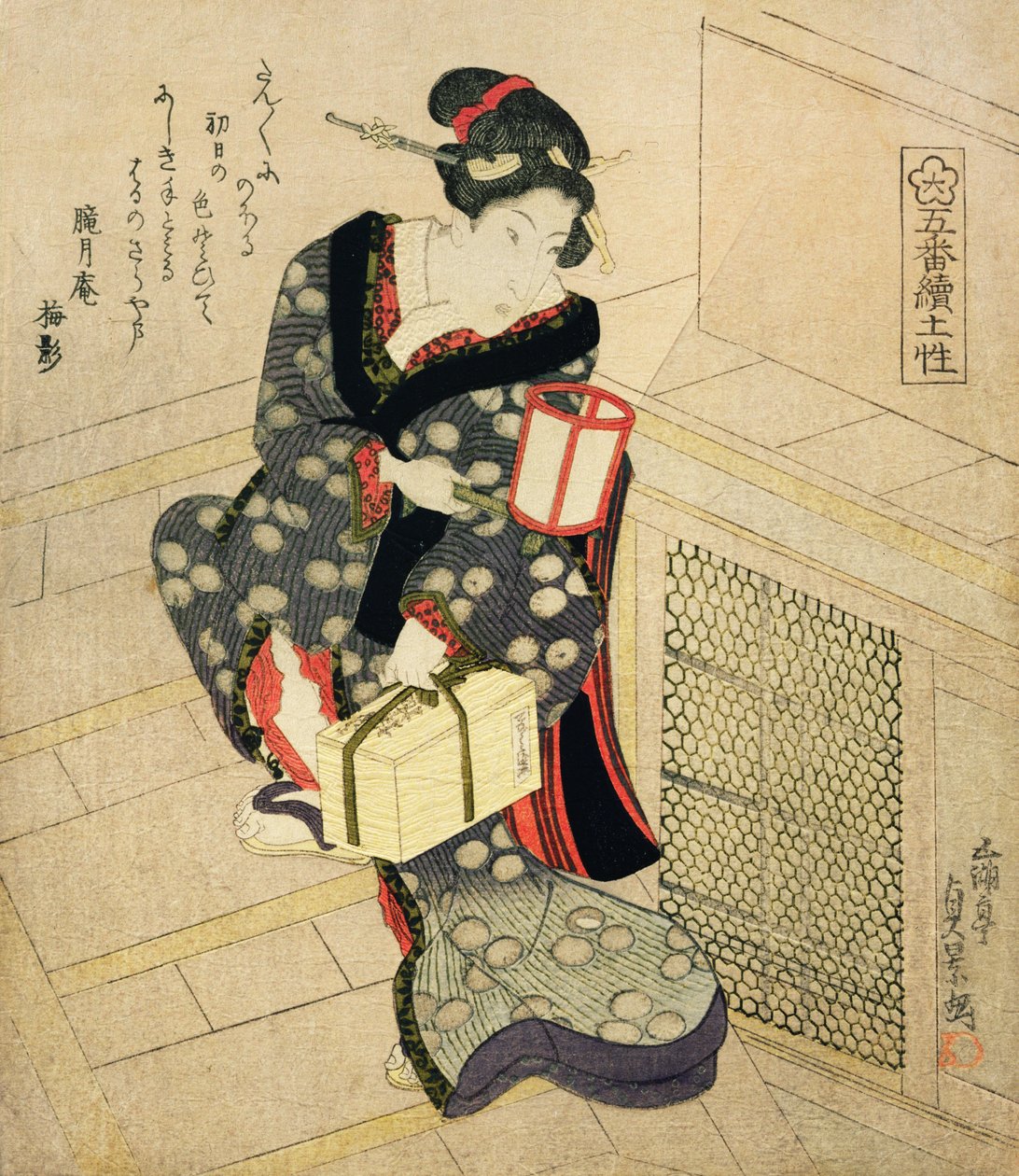 Femme montant les escaliers tenant une lampe et une boîte - Utagawa Sadakage