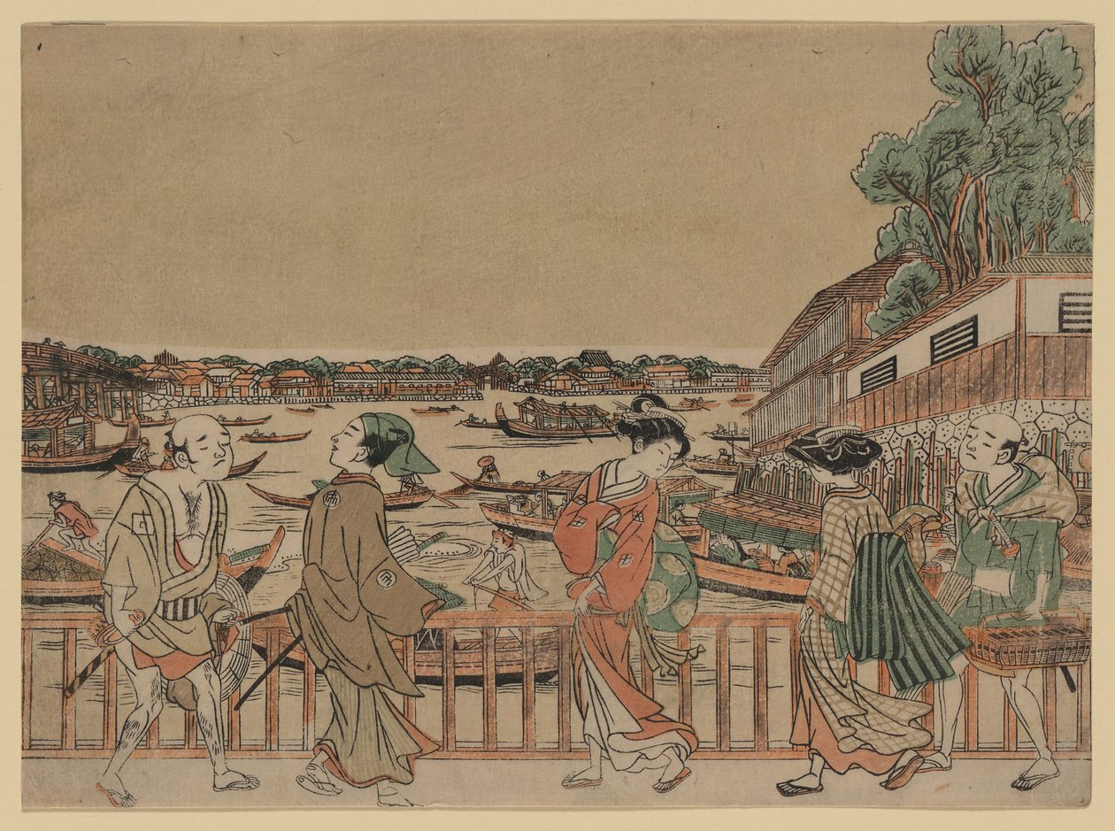 Piétons traversant un pont sur une rivière avec des bateaux - Utagawa Toyoharu