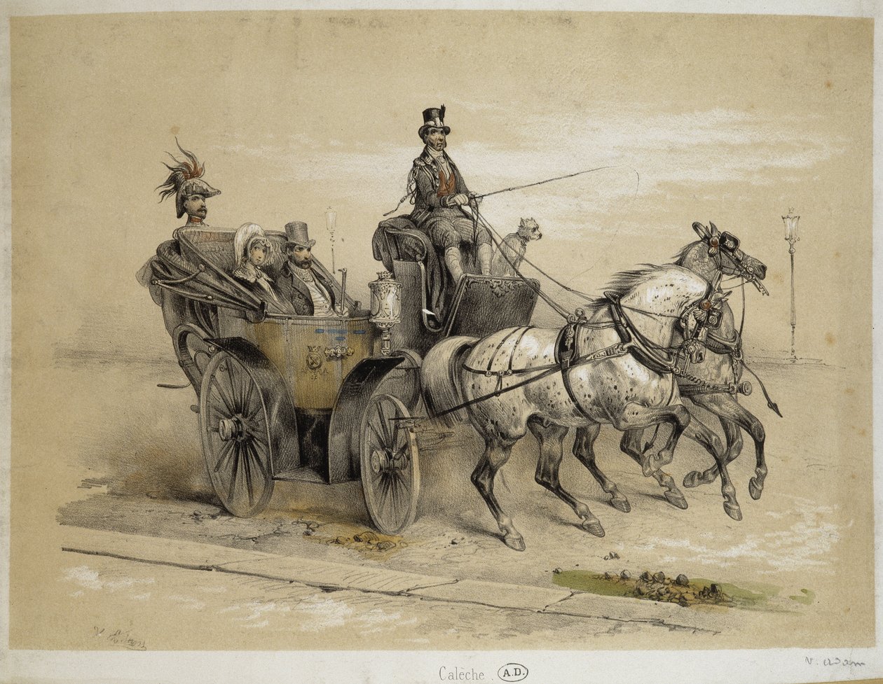 Calèche - Lithographie par Adam, v.1840 - Victor Adam
