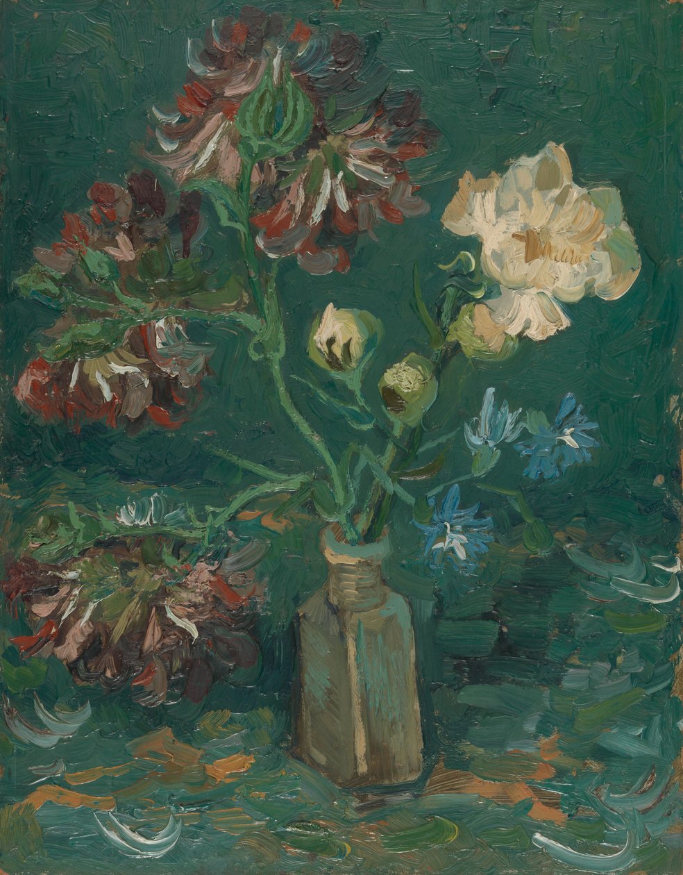 Petite bouteille avec des pivoines et des delphiniums bleus - Vincent van Gogh