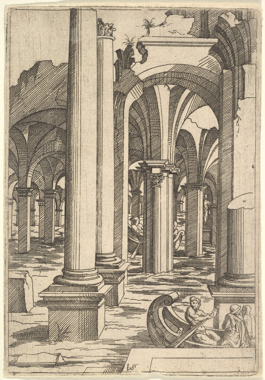 Bateaux ramés à travers des ruines inondées, vers 1550-62 - Virgil Solis