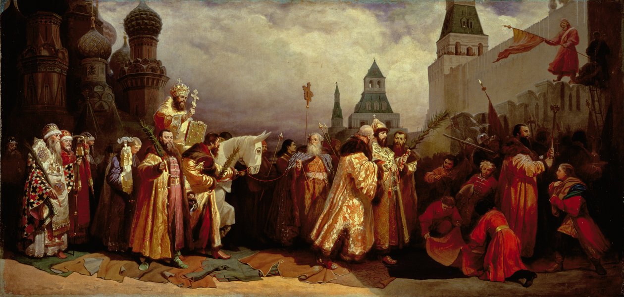 Dimanche des Rameaux à Moscou avec le tsar Alexis Mikhaïlovitch (1629-76) dans une procession patriarcale, 1865 - Vyacheslav Grigorievich Shvarts