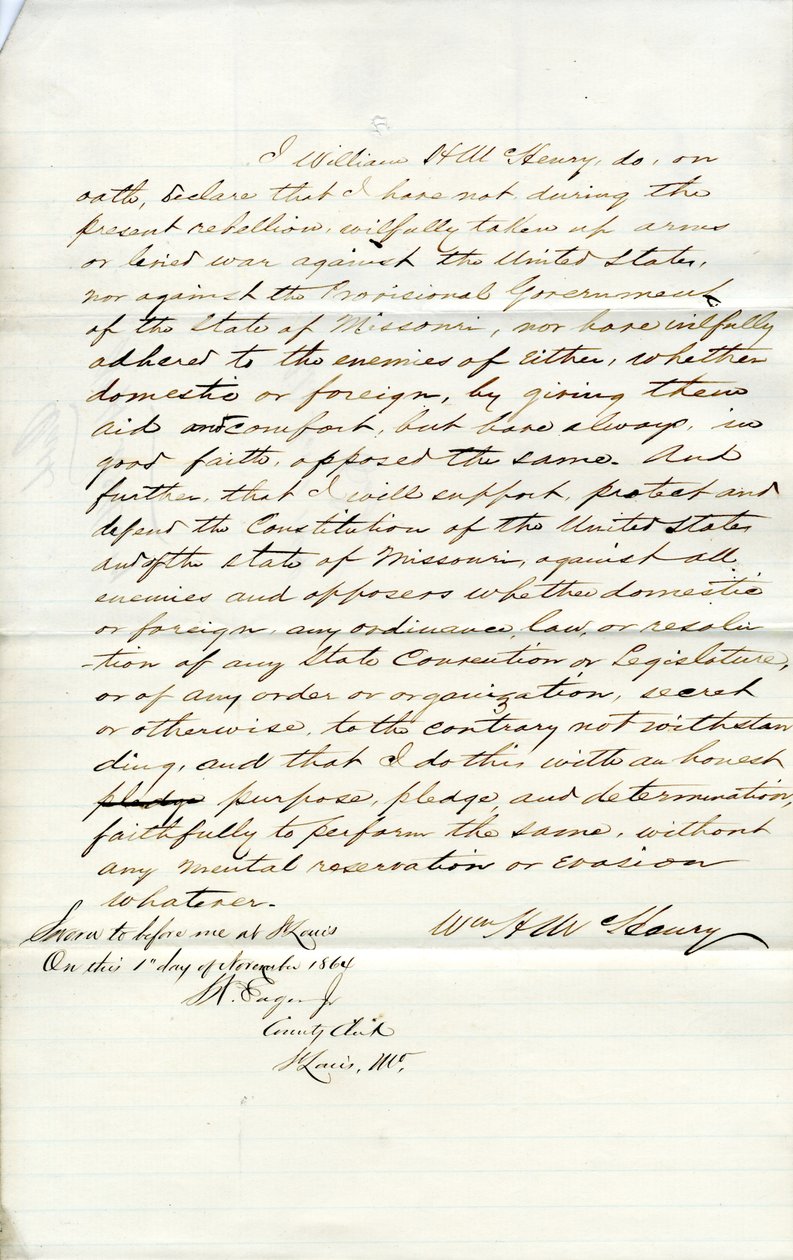 Serment de loyauté de William H. McHenry du Missouri, comté de St. Louis - W.H. McHenry