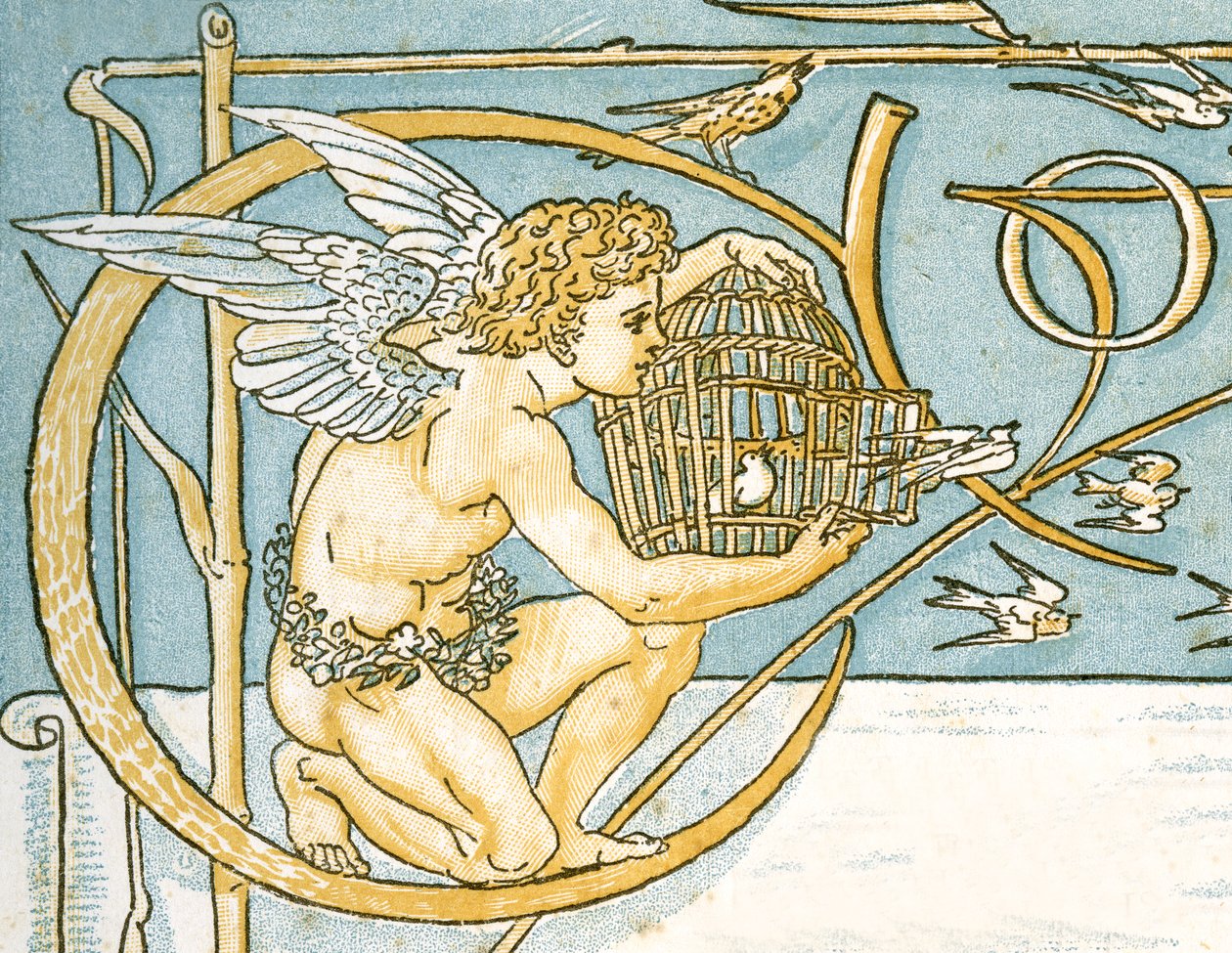 Ange offrant une cage en osier avec une porte ouverte permettant aux oiseaux chanteurs de s