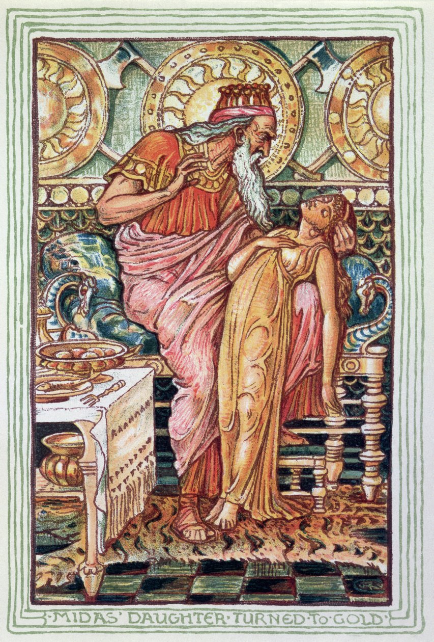 Le roi Midas et sa fille transformée en or, illustration de la légende mythologique grecque, publiée à Londres en 1910 - Walter Crane