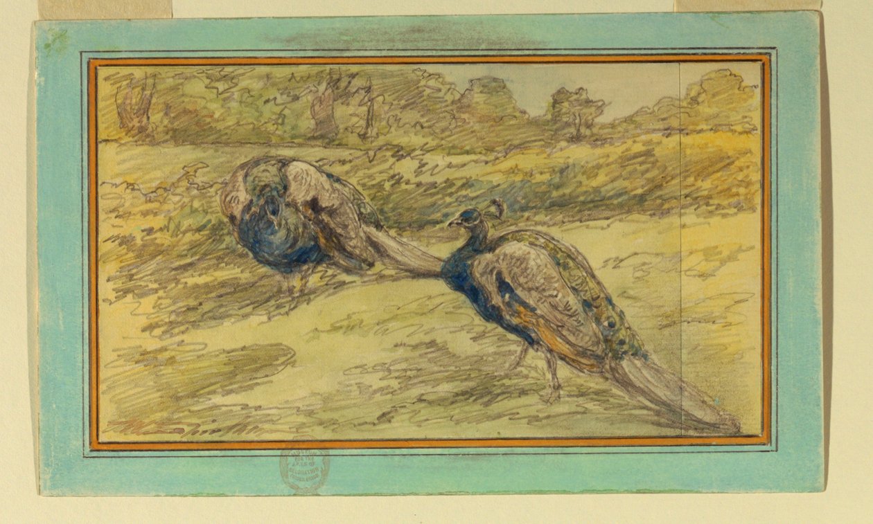 Deux paons dans un paysage - Walter Shirlaw