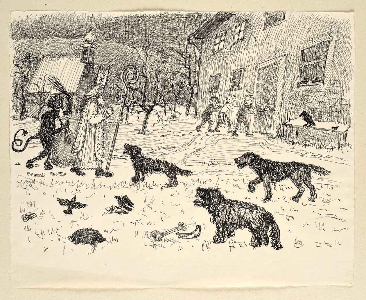 Saint Nicolas et Krampus dans le paysage avec les enfants - Walther Gamerith