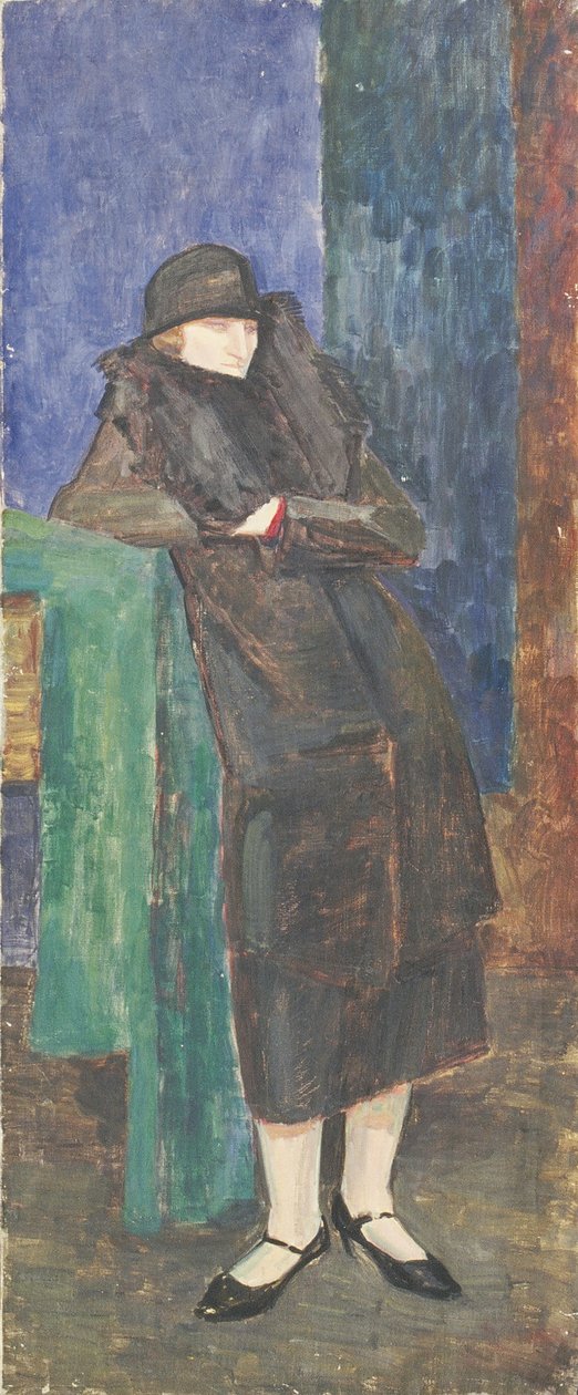 Dame debout avec col de fourrure et chapeau noir - Walther Gamerith