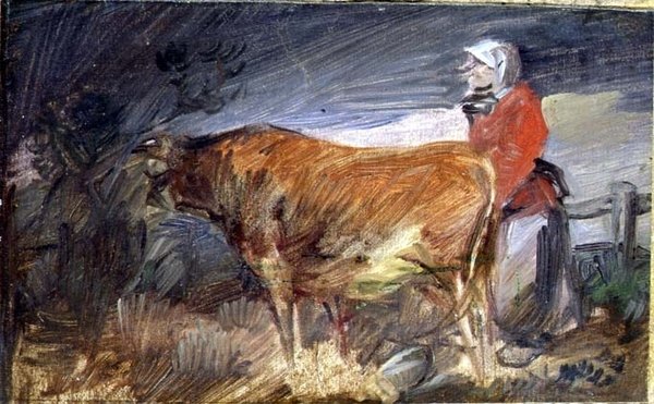 Femme et une Vache dans un Paysage - Wilhelm Busch
