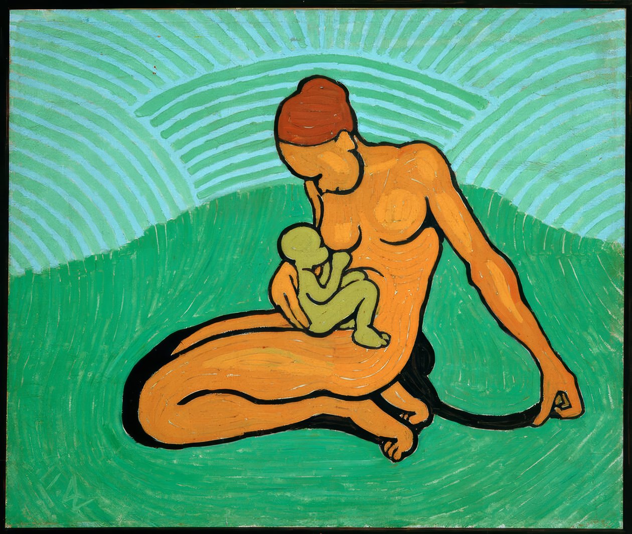 Mère et enfant sur fond vert - Wilhelm Morgner