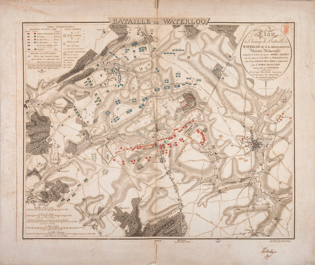 Bataille de Waterloo, carte du champ de bataille, gravée par Jacowick, 1816 - Willem Benjamin Craan