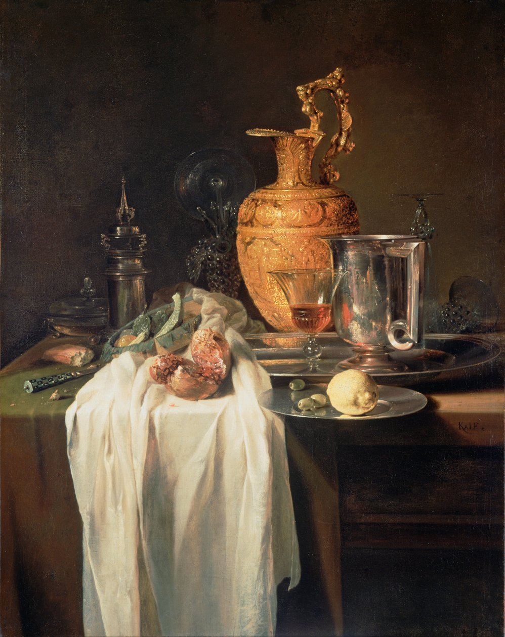 Nature morte avec aiguière, vases et grenade - Willem Kalf