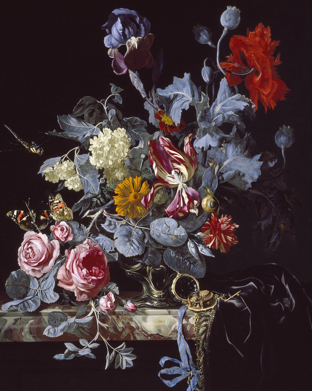 Un vase de fleurs avec une montre - Willem van Aelst