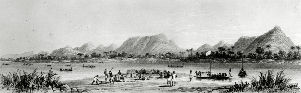 Montagnes et canoës de marché près de Bokwen, de 