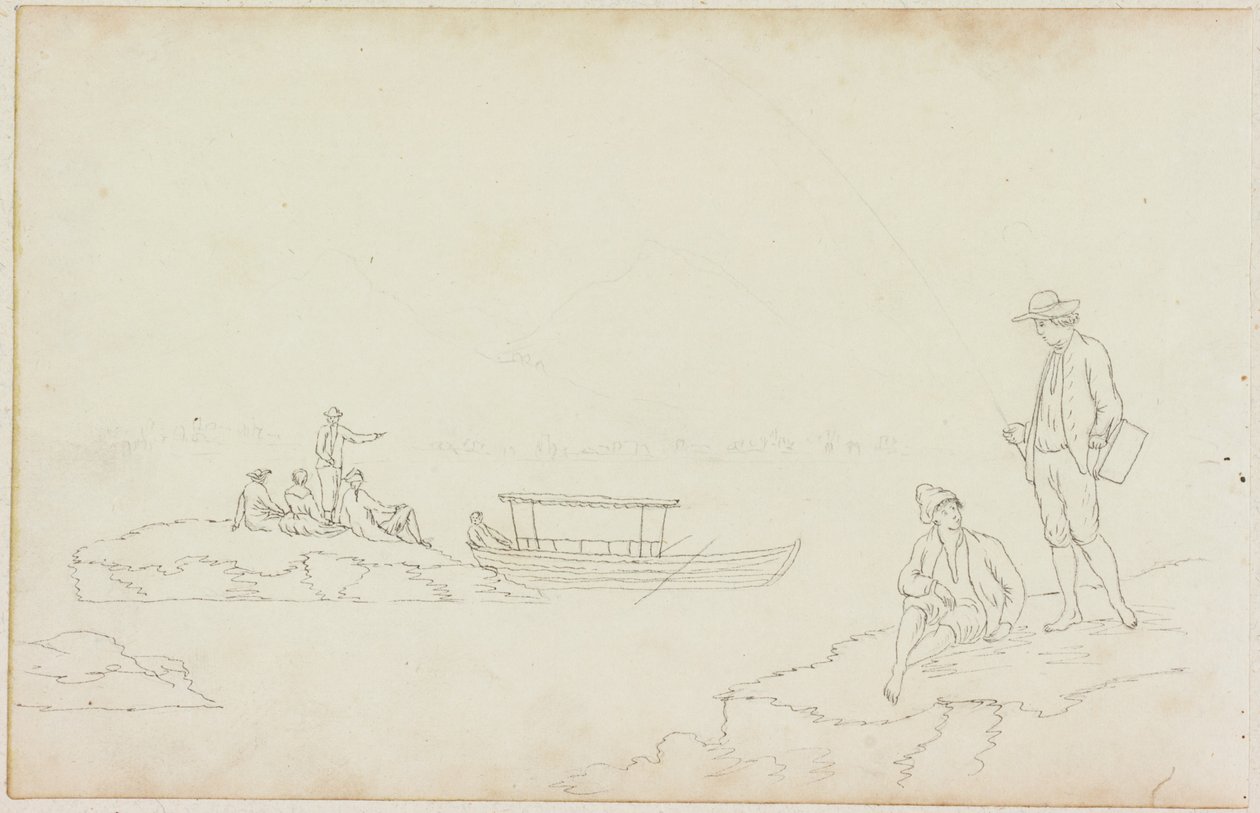 Homme pêchant et personnes se relaxant sur les rives du fleuve - William Beilby