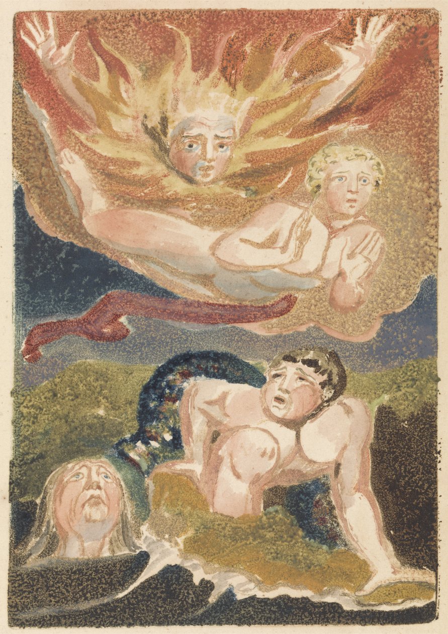 Quatre hommes nus émergeant de leurs éléments : flammes, ciel, mer et terre verte, planche 22 du Premier Livre d