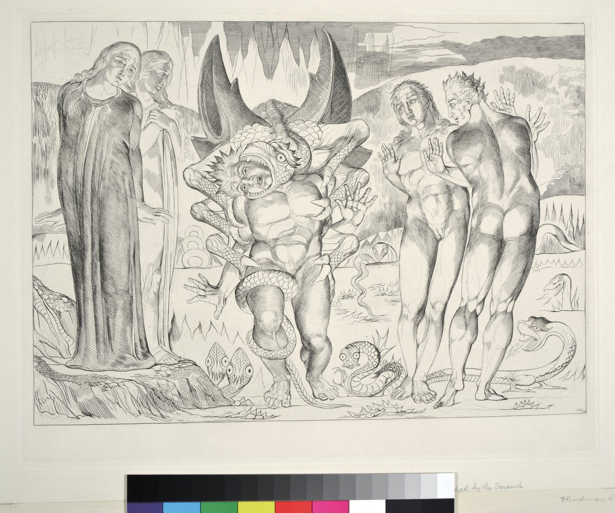 Le cercle des voleurs : Agnolo Brunelleschi attaqué par un serpent à six pieds, Inferno, Chant XXV, illustration de la 