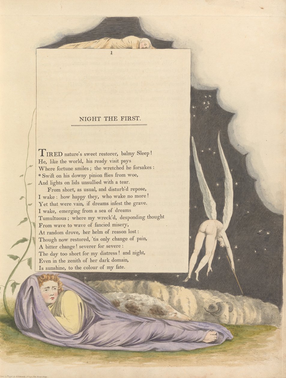 Les pensées nocturnes de Young, Page 1, Vole sur son pinion duveteux loin du malheur - William Blake