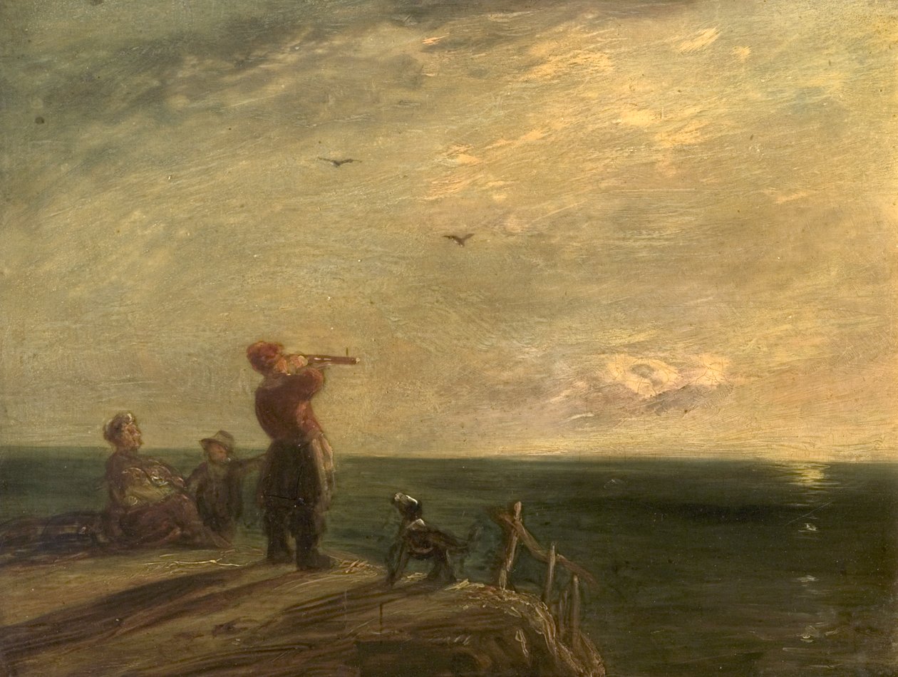 Paysage marin avec figures et chien, coucher de soleil - William Collins