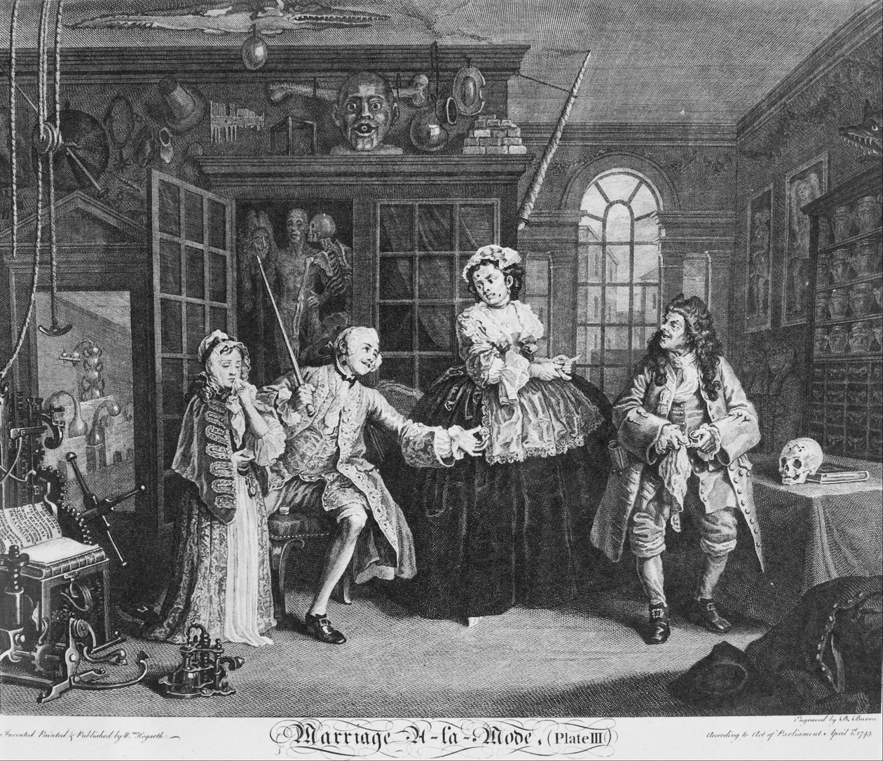 Mariage à la mode, planche 3, (La scène avec le charlatan) - William Hogarth