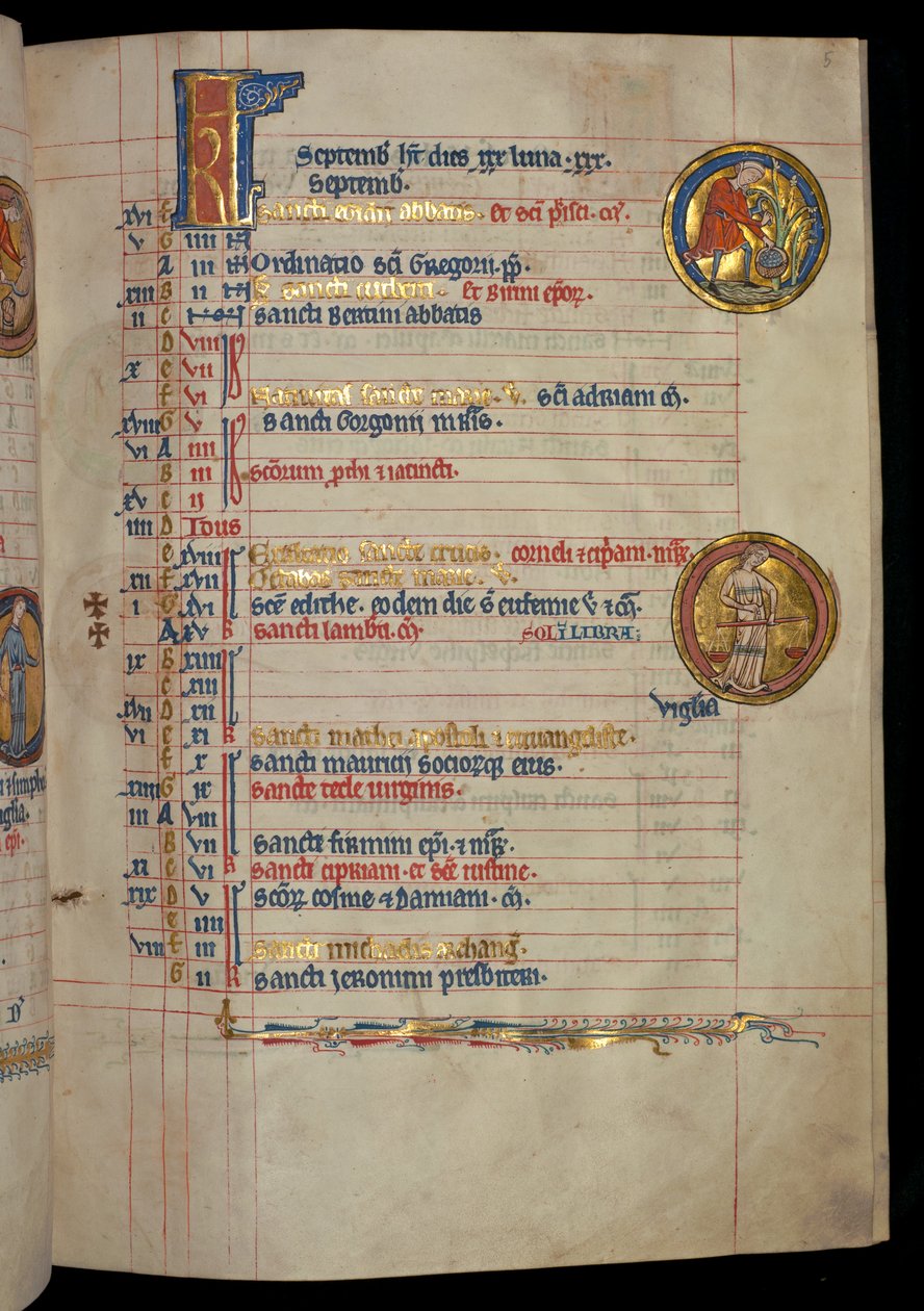Ms 322 f.5r, Septembre, un homme cueillant des fruits, illustration du 