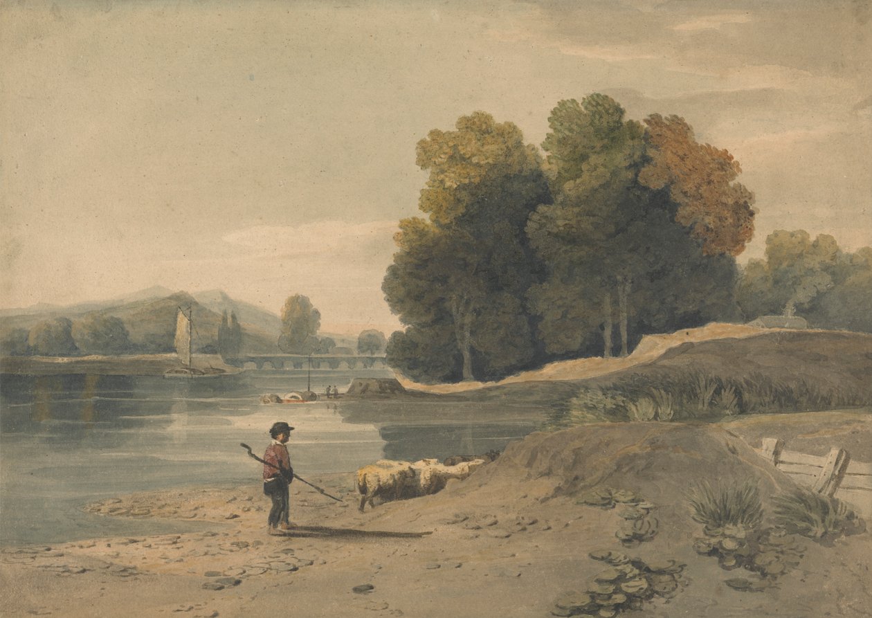 Scène de rivière avec garçon et moutons - William Havell