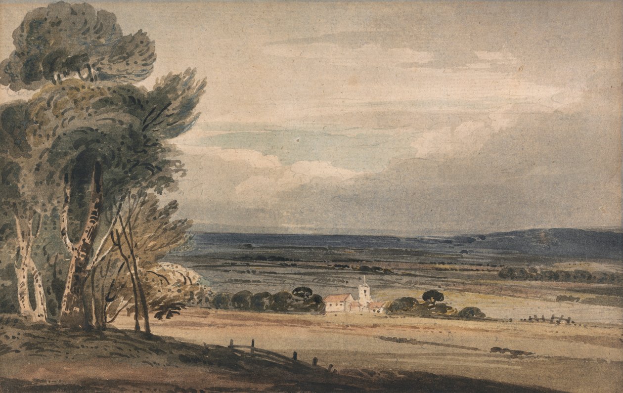 Paysage non identifié : arbres avec église - William Pearson
