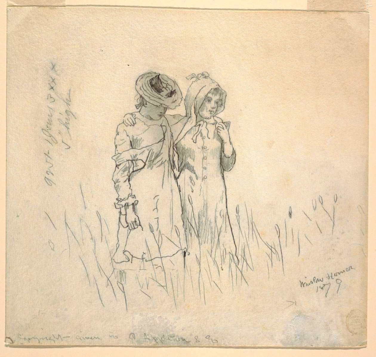 Dessin, deux filles dans un champ, 1879 - Winslow Homer