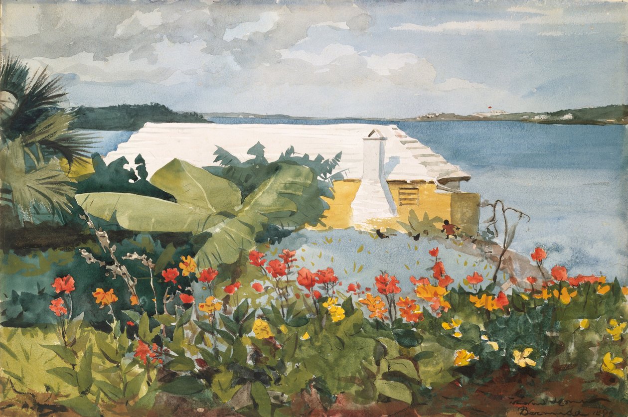 Jardin de fleurs et bungalow, Bermudes - Winslow Homer