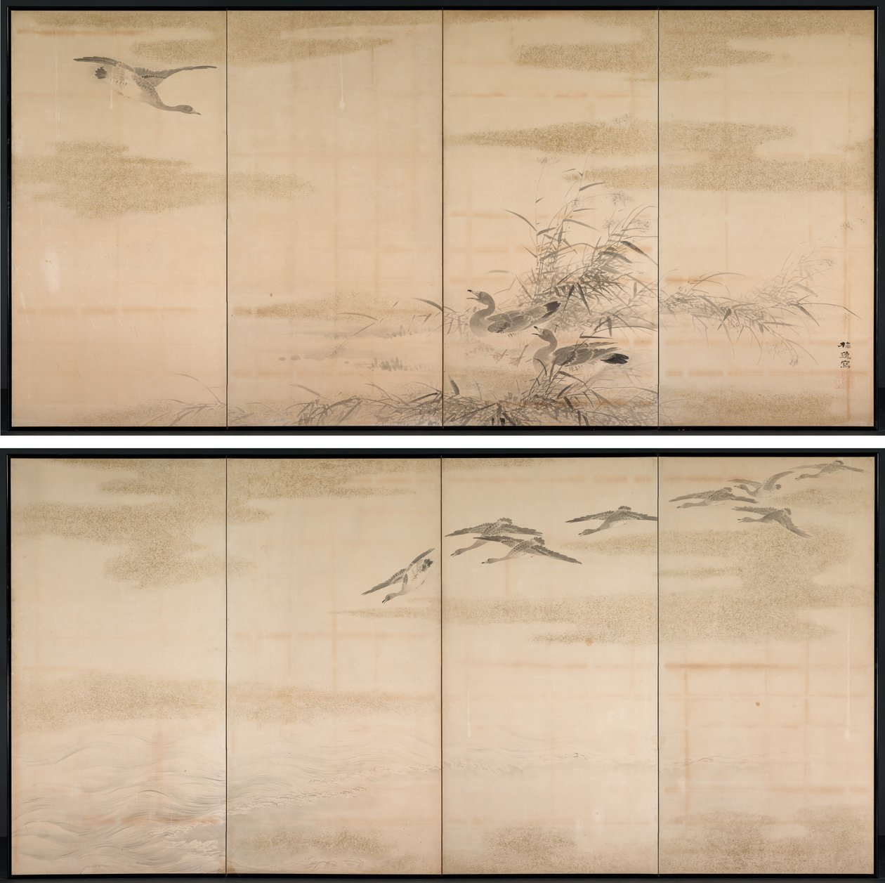 Oies, roseaux et eau - Yamamoto Baiitsu