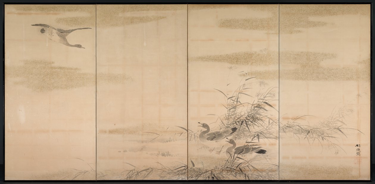 Oies, roseaux et eau - Yamamoto Baiitsu