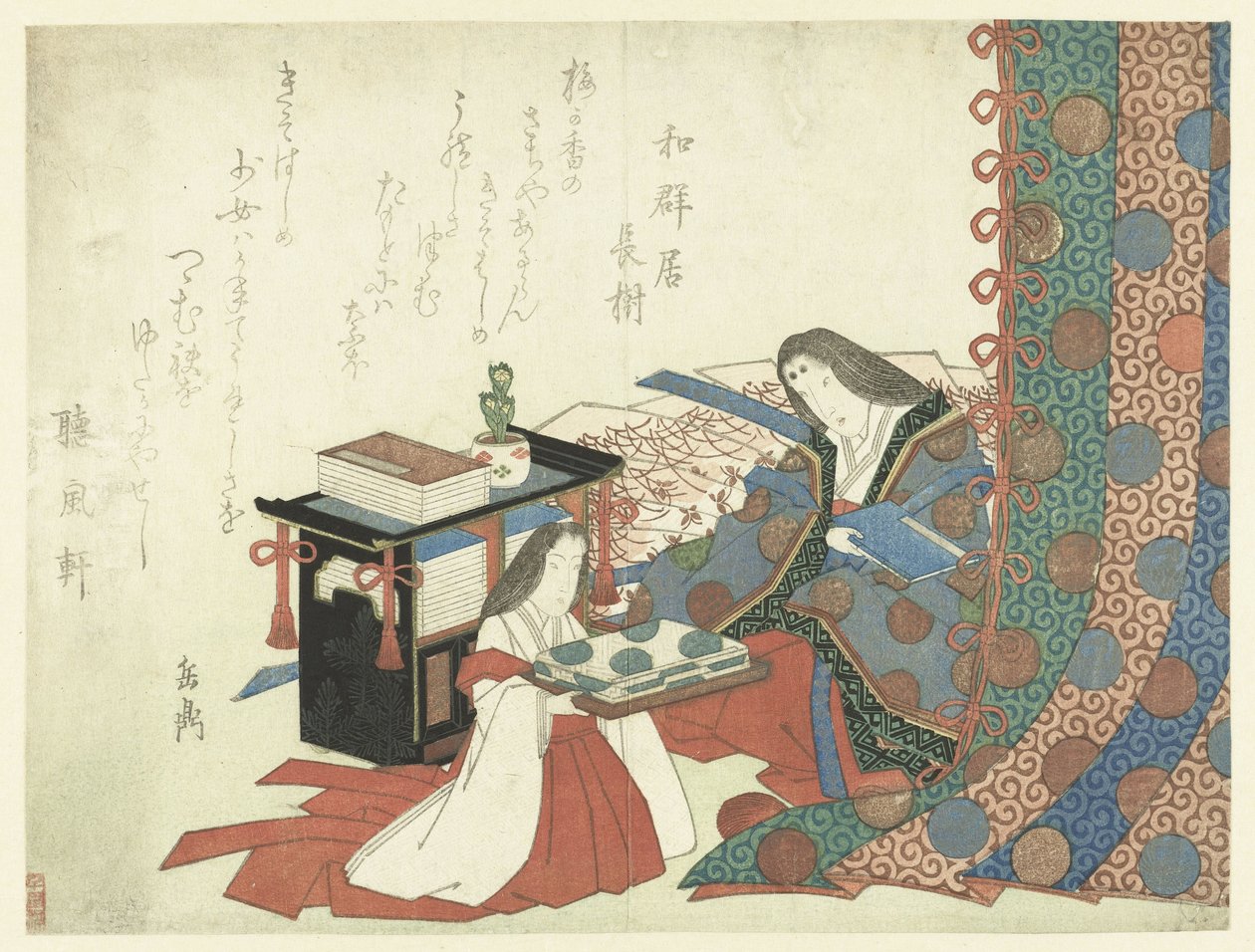 Jeune fille de page offrant des vêtements à une dame - Yashima Gakutei
